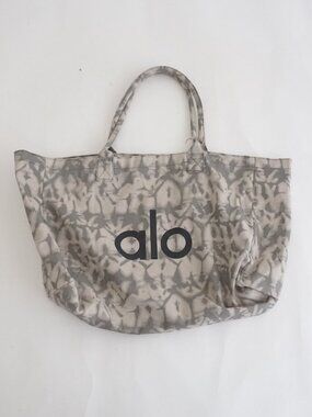 Alo Yoga Gray White Abstract Print Logo Canvas Tote Bag Gym Travel Shopper